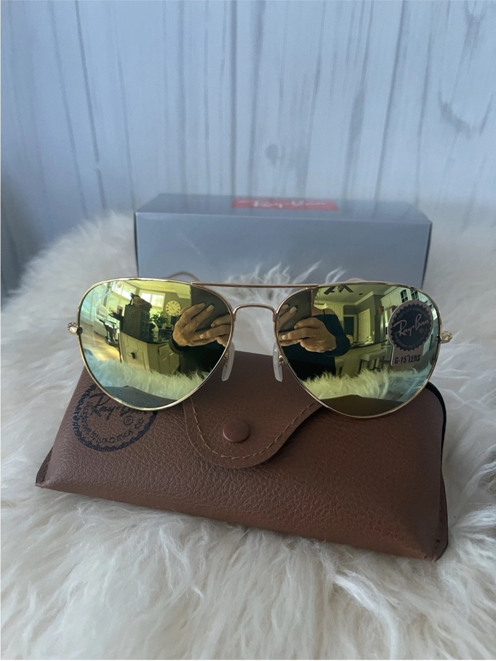 Ray-Ban RN 3026 Gold Aviator Sunglasses with Green-Gold Mirrored Lenses Unisex